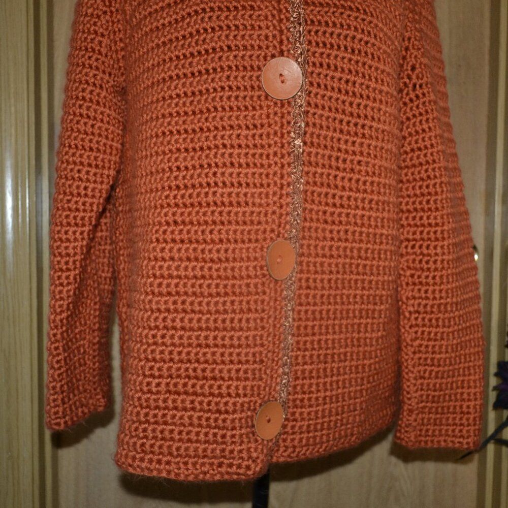 Orange Handmade Heavy Chunky Knit Cardigan Cottage-core Grandmacore Cardigan - Picture 2 of 15